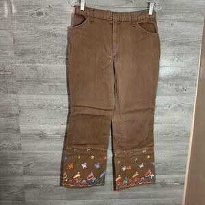 Vintage Brown Handmade Mushroom Embroidered Trousers 30”x26” Flowers Butterfly